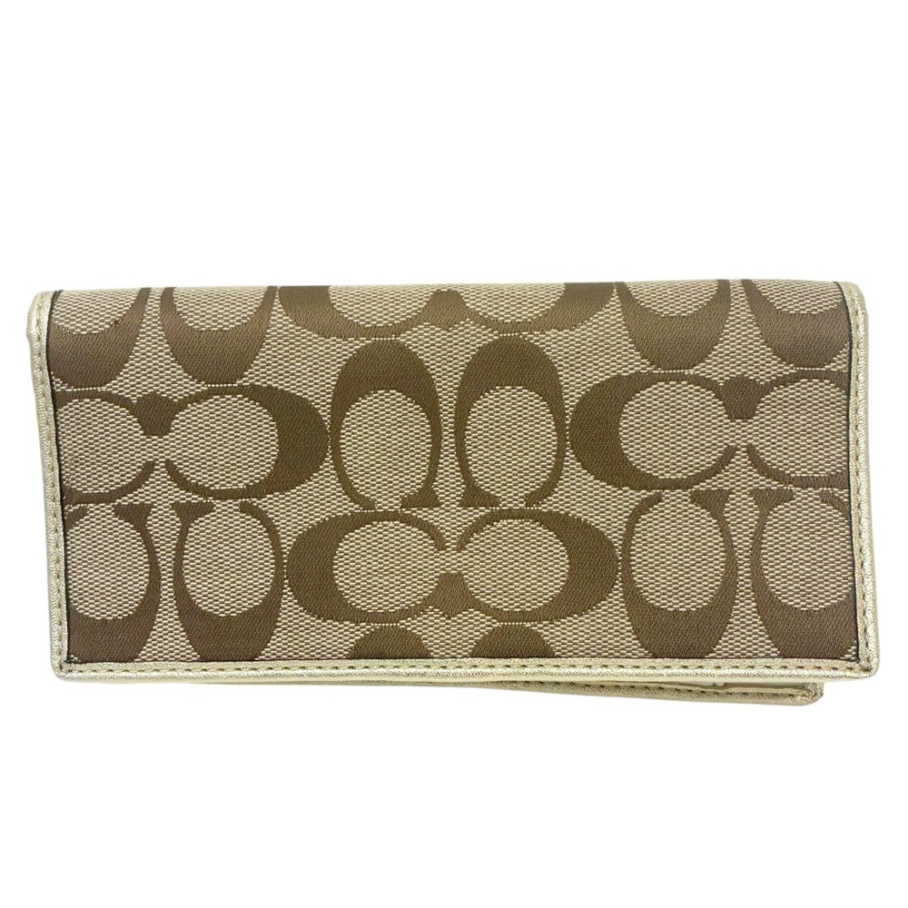 Coach Khaki Brown Gold Signature Cavas Logo Designer Wallet‎ Checkbook Holder